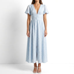 Women’s V-Neck Button Front Puff Sleeve Midi Dress