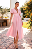 Women’s V-Neck Button Front Puff Sleeve Midi Dress