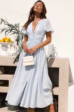 Women’s V-Neck Button Front Puff Sleeve Midi Dress