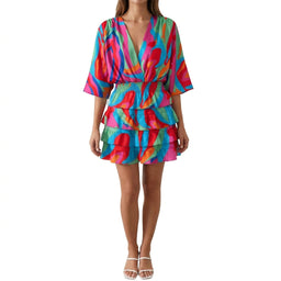 Women’s V-Neck Ruffle Mini Dress with Vibrant Abstract Print