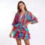 Women’s V-Neck Ruffle Mini Dress with Vibrant Abstract Print