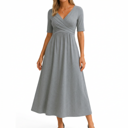 Women’s V-Neck Short Sleeve Midi Dress with Flared Skirt