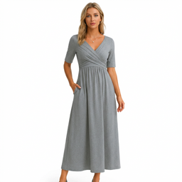 Women’s V-Neck Short Sleeve Midi Dress with Flared Skirt