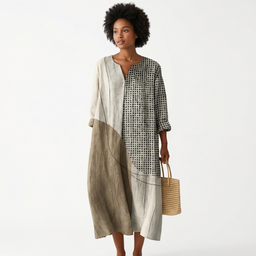 Women’s Asymmetrical Patchwork Midi Dress with V-Neck
