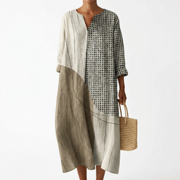 Women’s Asymmetrical Patchwork Midi Dress with V-Neck