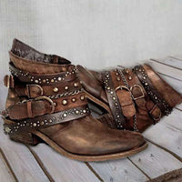 Women's Black Western Ankle Boots with Buckle Straps and Chain Accents 0