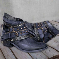 Women's Black Western Ankle Boots with Buckle Straps and Chain Accents 6
