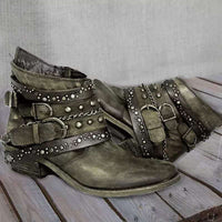 Women's Black Western Ankle Boots with Buckle Straps and Chain Accents 7