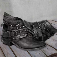 Women's Black Western Ankle Boots with Buckle Straps and Chain Accents 8