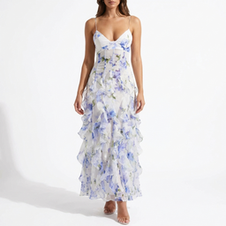 Women’s Deep V-Neck Floral Ruffle Maxi Dress