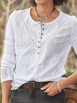 Women’s Eyelet Blouse | Half Button Placket, Embroidered Front 0