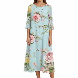Women’s Floral Midi Dress with Three-Quarter Sleeves