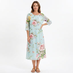 Women’s Floral Midi Dress with Three-Quarter Sleeves