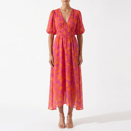Women’s Floral Summer Dress | Midi Length, Puff Sleeves,V-Neckline