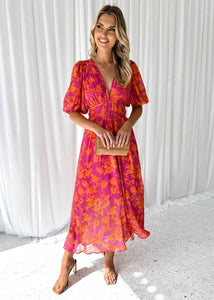 Women’s Floral Summer Dress | Midi Length, Puff Sleeves, V-Neckline 0