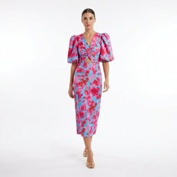 Women’s Puff Sleeve V-Neck Printed Midi Dress