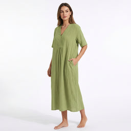 Women’s Relaxed Fit Linen Midi Dress with V-Neck