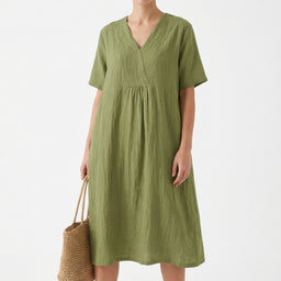 Women’s Relaxed Fit Linen Midi Dress with V-Neck