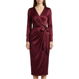 Women’s Satin Wrap Midi Dress with Adjustable Waist Tie