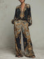 Women's Set | Long-Sleeved V-Neck Top, Wide-Leg Trousers 0