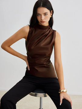 Women’s Sleeveless Faux Leather Drape Top