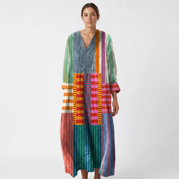 Women’s Patchwork Stripe Midi Dress with V-Neck