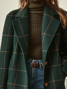Women’s Long Check Coat with Lapel Collar