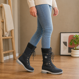 Women’s Knee High Boots with Knitted Cuff and Side Zip