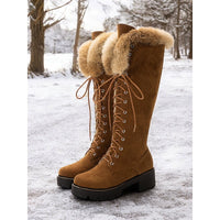 Women’s Lace-Up Knee High Boots with Faux Fur Trim