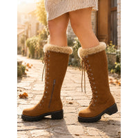 Women’s Lace-Up Knee High Boots with Faux Fur Trim